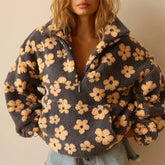Flower Thick Loose Zipper Long Sleeve Faux Fur Coat